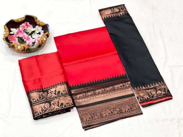 Dazzling Red Unstitched Kanjivaram Silk Half Saree with Banarasi Silk Blouse Half Saree Lehenga