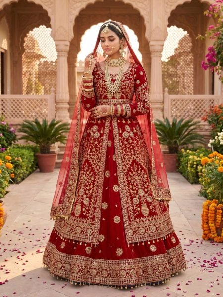 Dazzling Red Velvet Bridal Lehenga with Embroidered Anarkali Top For Bridal Wholesale Salwar Kameez Suppliers in New Zealand