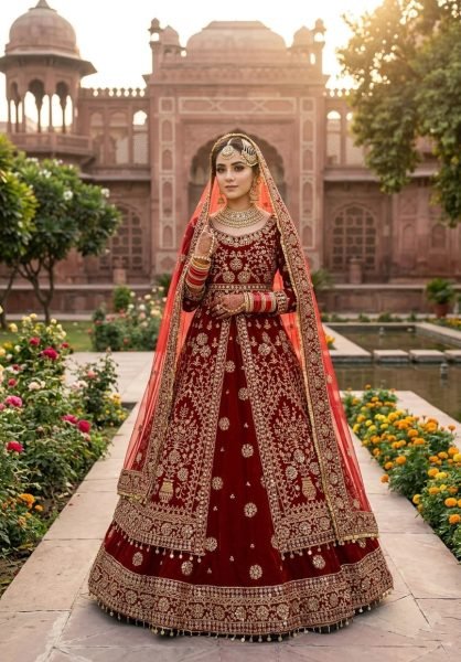 Dazzling Red Velvet Bridal Lehenga with Embroidered Anarkali Top For Bridal Wedding Bridal Dress Wholesale