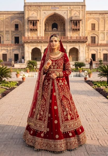 Dazzling Red Velvet Bridal Lehenga with Embroidered Anarkali Top For Bridal Wedding Bridal Dress Wholesale