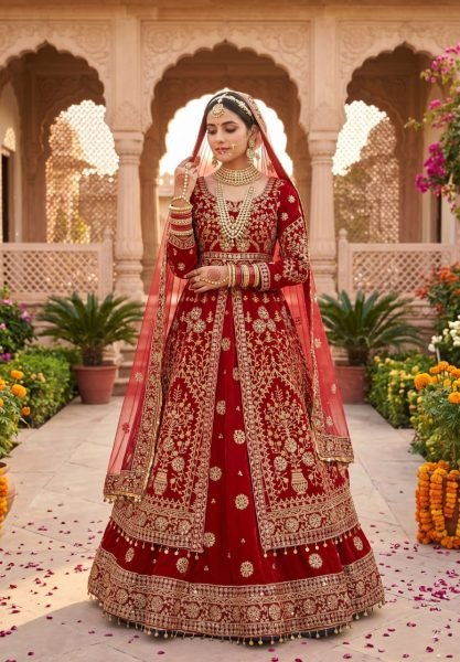 Dazzling Red Velvet Bridal Lehenga with Embroidered Anarkali Top For Bridal Wedding Bridal Dress Wholesale