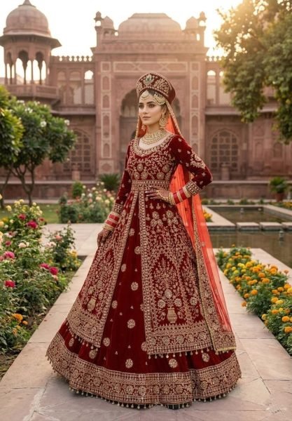 Dazzling Red Velvet Bridal Lehenga with Embroidered Anarkali Top For Bridal Wedding Bridal Dress Wholesale