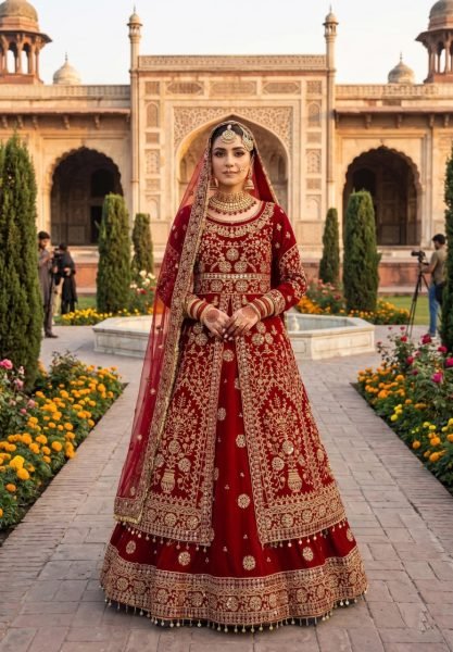Dazzling Red Velvet Bridal Lehenga with Embroidered Anarkali Top For Bridal Wedding Bridal Dress Wholesale