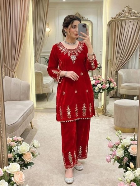 Dazzling Red Velvet Top Plazzo Co-Ord Set with Mirror Embroidery Work for Exporters