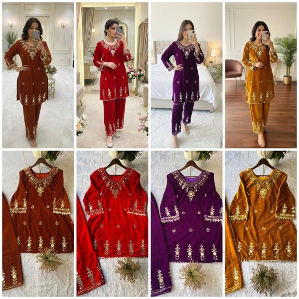 Dazzling Red Velvet Top Plazzo Co-Ord Set with Mirror Embroidery Work for Exporters CO ORD Sets