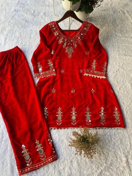 Dazzling Red Velvet Top Plazzo Co-Ord Set with Mirror Embroidery Work for Exporters CO ORD Sets