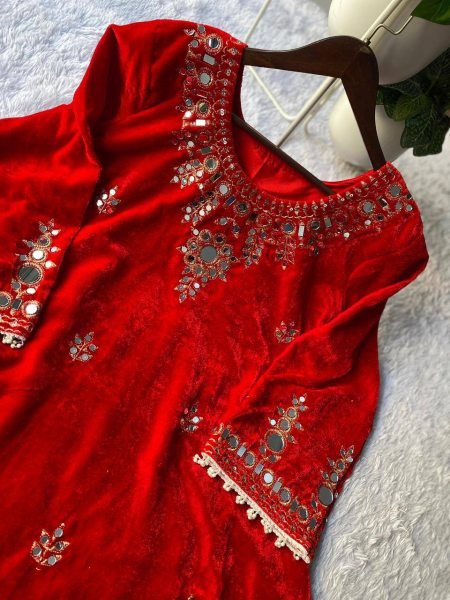 Dazzling Red Velvet Top Plazzo Co-Ord Set with Mirror Embroidery Work for Exporters CO ORD Sets