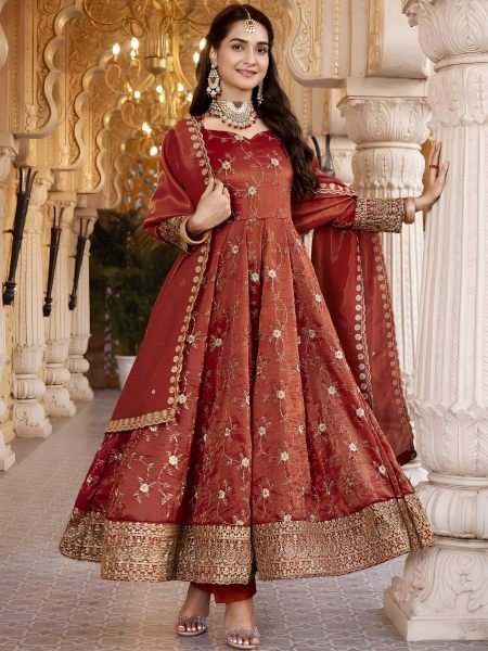Dazzling Rust Heavy Cosmos Embroidered Suit Set with 3mm Sequins and Full Sleeves at Wholesale Rate Ready To Wear Suit
