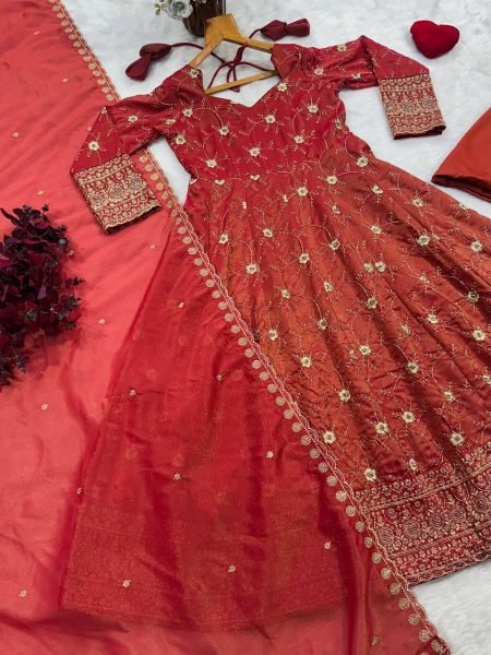 Dazzling Rust Heavy Cosmos Embroidered Suit Set with 3mm Sequins and Full Sleeves at Wholesale Rate Ready To Wear Collection
