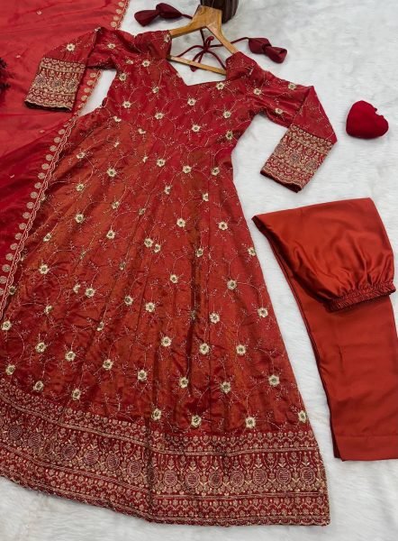 Dazzling Rust Heavy Cosmos Embroidered Suit Set with 3mm Sequins and Full Sleeves at Wholesale Rate Ready To Wear Collection