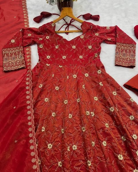 Dazzling Rust Heavy Cosmos Embroidered Suit Set with 3mm Sequins and Full Sleeves at Wholesale Rate Ready To Wear Collection