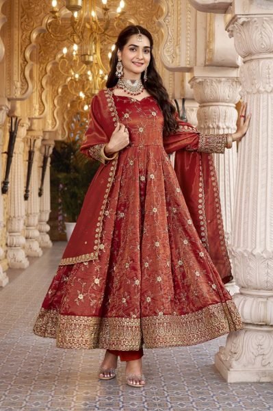 Dazzling Rust Heavy Cosmos Embroidered Suit Set with 3mm Sequins and Full Sleeves at Wholesale Rate Ready To Wear Collection