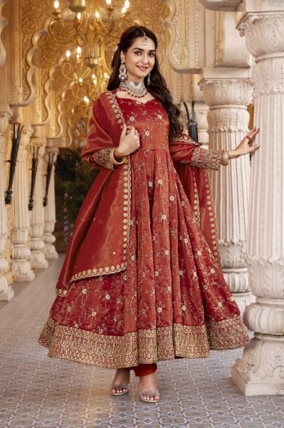 Dazzling Rust Heavy Cosmos Embroidered Suit Set with 3mm Sequins and Full Sleeves at Wholesale Rate Ready To Wear Collection