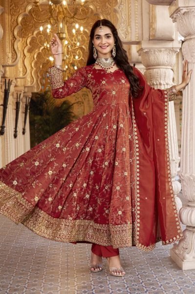 Dazzling Rust Heavy Cosmos Embroidered Suit Set with 3mm Sequins and Full Sleeves at Wholesale Rate Ready To Wear Collection