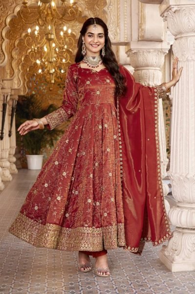 Dazzling Rust Heavy Cosmos Embroidered Suit Set with 3mm Sequins and Full Sleeves at Wholesale Rate Ready To Wear Collection