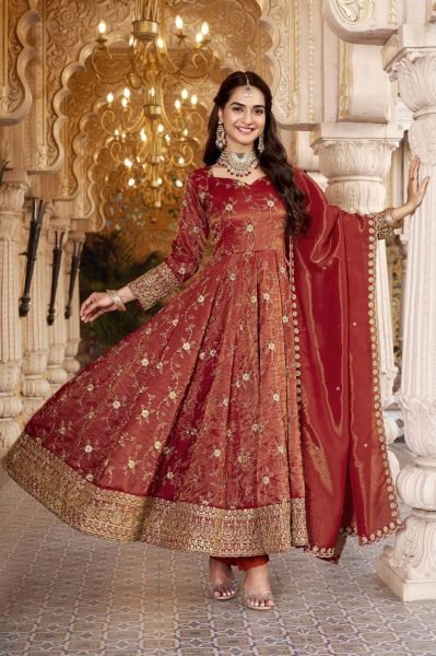 Dazzling Rust Heavy Cosmos Embroidered Suit Set with 3mm Sequins and Full Sleeves at Wholesale Rate Ready To Wear Collection