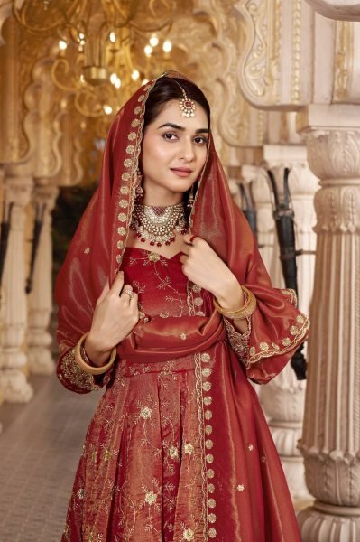Dazzling Rust Heavy Cosmos Embroidered Suit Set with 3mm Sequins and Full Sleeves at Wholesale Rate Ready To Wear Collection