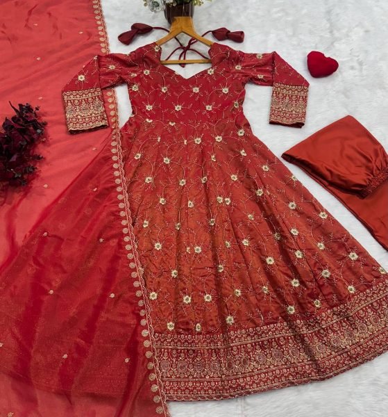 Dazzling Rust Heavy Cosmos Embroidered Suit Set with 3mm Sequins and Full Sleeves at Wholesale Rate Ready To Wear Collection