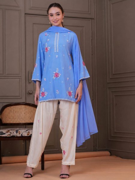 Dazzling Sky Blue Cotton Embroidered Kurti Pant Set with Nazmin Dupatta for Women Ready to Wear Ethnic Wear Kurtis