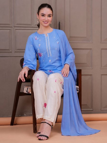 Dazzling Sky Blue Cotton Embroidered Kurti Pant Set with Nazmin Dupatta for Women Ready to Wear Ethnic Wear 3 Piece Kurti Set