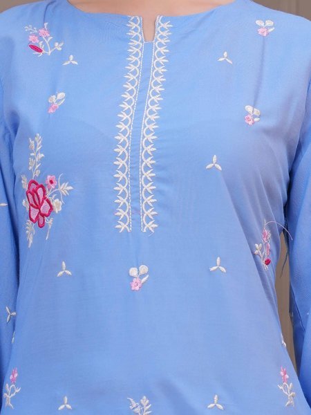 Dazzling Sky Blue Cotton Embroidered Kurti Pant Set with Nazmin Dupatta for Women Ready to Wear Ethnic Wear 3 Piece Kurti Set