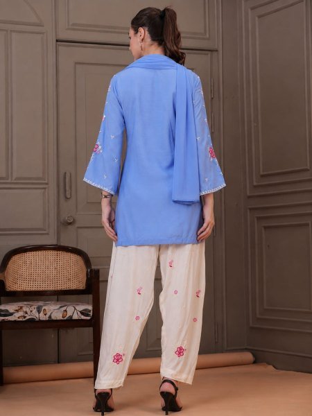 Dazzling Sky Blue Cotton Embroidered Kurti Pant Set with Nazmin Dupatta for Women Ready to Wear Ethnic Wear 3 Piece Kurti Set