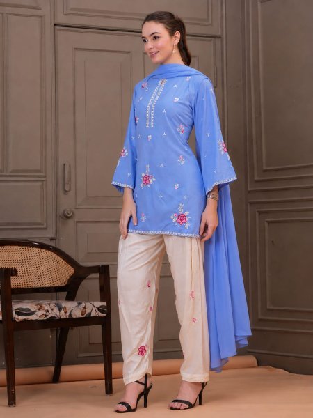 Dazzling Sky Blue Cotton Embroidered Kurti Pant Set with Nazmin Dupatta for Women Ready to Wear Ethnic Wear 3 Piece Kurti Set
