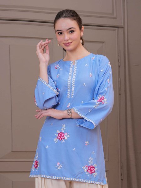 Dazzling Sky Blue Cotton Embroidered Kurti Pant Set with Nazmin Dupatta for Women Ready to Wear Ethnic Wear 3 Piece Kurti Set