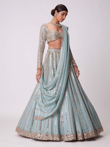 Dazzling Sky Blue Rangoli Silk Lehenga Choli with Foil Mirror and Coding Embroidery Work 