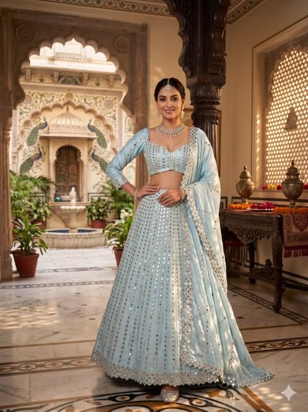 Dazzling Sky Blue Rangoli Silk Lehenga Choli with Foil Mirror and Coding Embroidery Work Bollywood Lehenga Choli