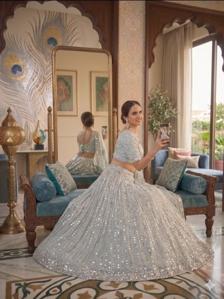 Dazzling Sky Blue Rangoli Silk Lehenga Choli with Foil Mirror and Coding Embroidery Work Bollywood Lehenga Choli