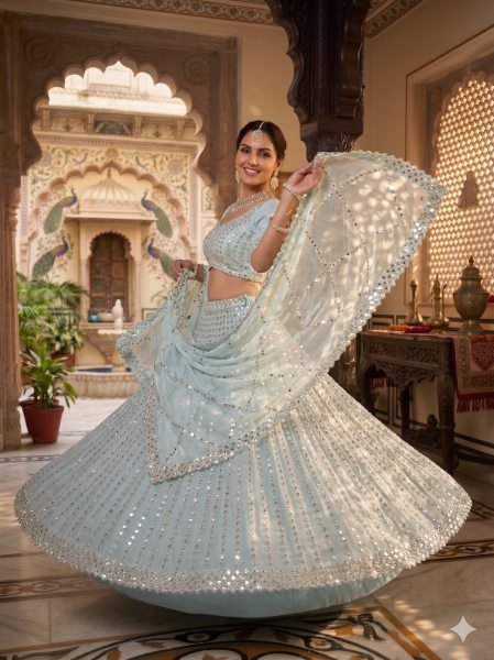 Dazzling Sky Blue Rangoli Silk Lehenga Choli with Foil Mirror and Coding Embroidery Work Bollywood Lehenga Choli