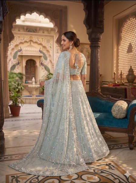 Dazzling Sky Blue Rangoli Silk Lehenga Choli with Foil Mirror and Coding Embroidery Work Bollywood Lehenga Choli
