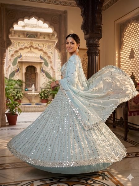 Dazzling Sky Blue Rangoli Silk Lehenga Choli with Foil Mirror and Coding Embroidery Work Bollywood Lehenga Choli
