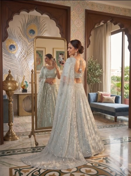 Dazzling Sky Blue Rangoli Silk Lehenga Choli with Foil Mirror and Coding Embroidery Work Bollywood Lehenga Choli