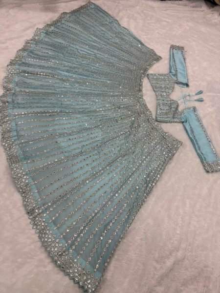 Dazzling Sky Blue Rangoli Silk Lehenga Choli with Foil Mirror and Coding Embroidery Work Bollywood Lehenga Choli