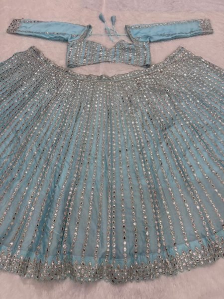 Dazzling Sky Blue Rangoli Silk Lehenga Choli with Foil Mirror and Coding Embroidery Work Bollywood Lehenga Choli