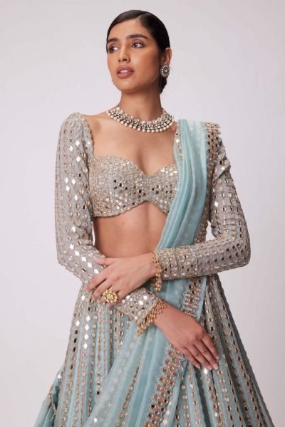Dazzling Sky Blue Rangoli Silk Lehenga Choli with Foil Mirror and Coding Embroidery Work Bollywood Lehenga Choli