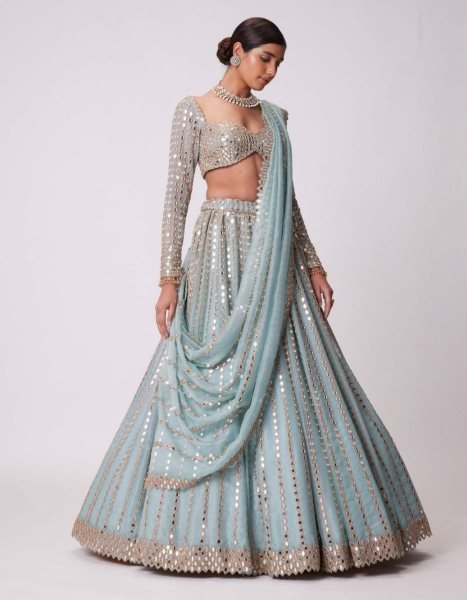 Dazzling Sky Blue Rangoli Silk Lehenga Choli with Foil Mirror and Coding Embroidery Work Bollywood Lehenga Choli