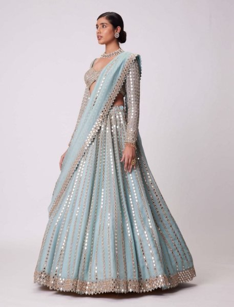 Dazzling Sky Blue Rangoli Silk Lehenga Choli with Foil Mirror and Coding Embroidery Work Bollywood Lehenga Choli