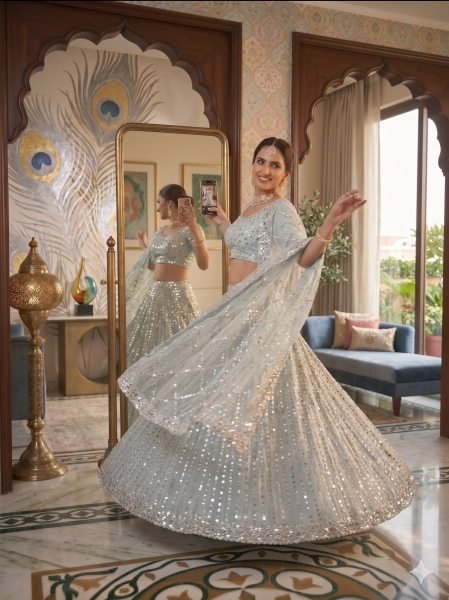 Dazzling Sky Blue Rangoli Silk Lehenga Choli with Foil Mirror and Coding Embroidery Work Bollywood Lehenga Choli