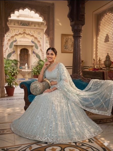 Dazzling Sky Blue Rangoli Silk Lehenga Choli with Foil Mirror and Coding Embroidery Work Bollywood Lehenga Choli