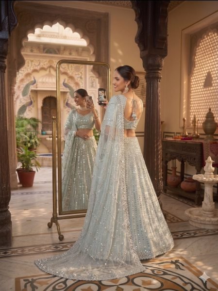 Dazzling Sky Blue Rangoli Silk Lehenga Choli with Foil Mirror and Coding Embroidery Work Bollywood Lehenga Choli