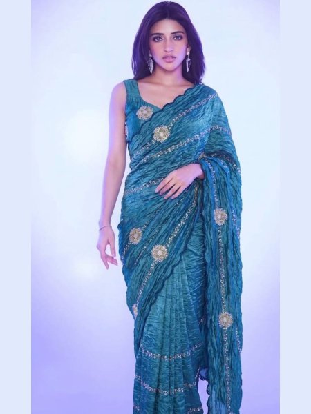 Dazzling Teal Blue Crush Saree with All Over Embroidery Work For Festival  Sarees 