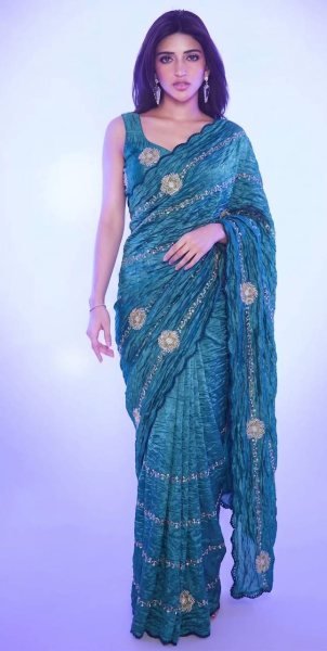 Dazzling Teal Blue Crush Saree with All Over Embroidery Work For Festival  Designer Wedding Sarees Wholesale