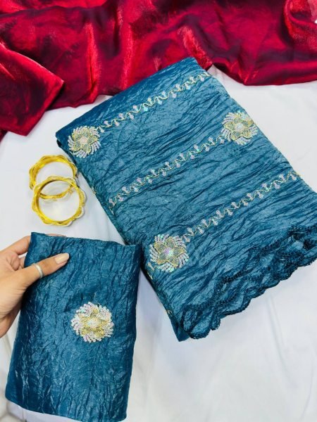 Dazzling Teal Blue Crush Saree with All Over Embroidery Work For Festival  Designer Wedding Sarees Wholesale
