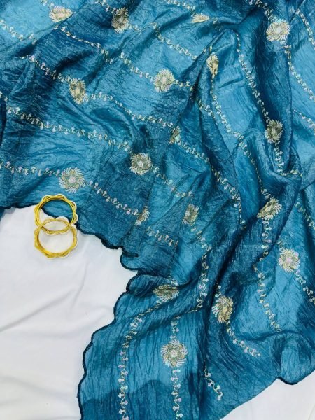 Dazzling Teal Blue Crush Saree with All Over Embroidery Work For Festival  Designer Wedding Sarees Wholesale