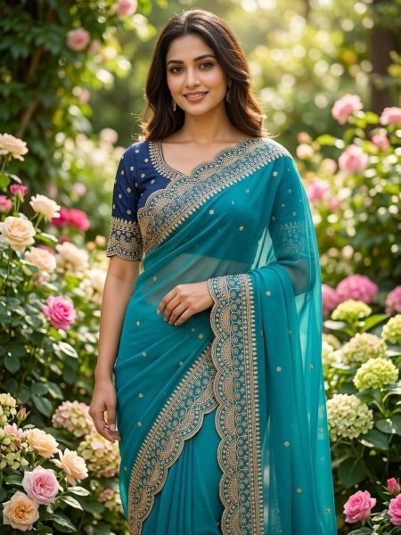 Dazzling Teal Blue Stylish Lightweight Saree with Multi Thread Embroidery Work Design Sarees 