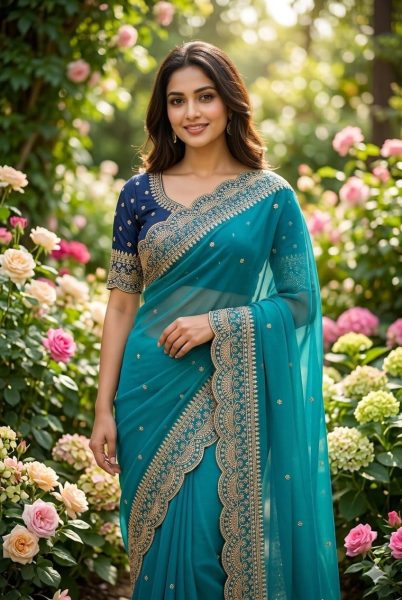 Dazzling Teal Blue Stylish Lightweight Saree with Multi Thread Embroidery Work Design Embroidery Sarees Wholesale