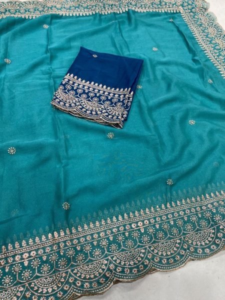 Dazzling Teal Blue Stylish Lightweight Saree with Multi Thread Embroidery Work Design Embroidery Sarees Wholesale